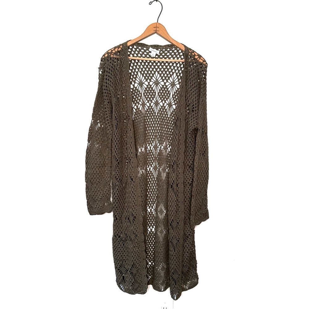 Sundance Catalog Olive Green “Aria Cardigan” Open Front Crochet Lace Size Small
